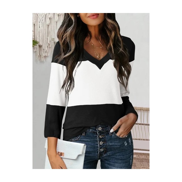 Women's Long Sleeve Tee T-shirt Spring/Fall Color Block Jersey V Neck Daily Going Out Casual Top