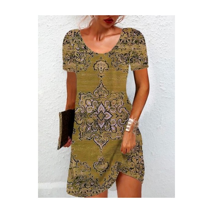 Women's Short Sleeve Summer Ethnic Jersey Dress Crew Neck Vacation Going Out Casual Mini H-Line TUNIC