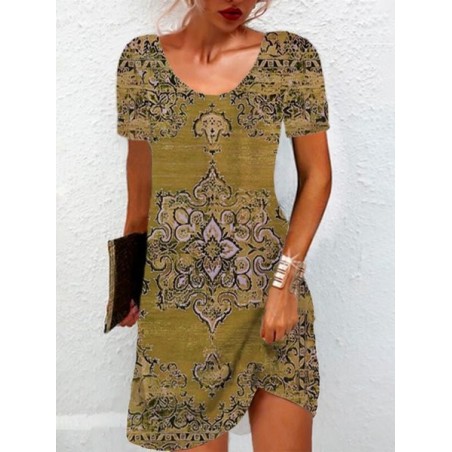Women's Short Sleeve Summer Ethnic Jersey Dress Crew Neck Vacation Going Out Casual Mini H-Line TUNIC