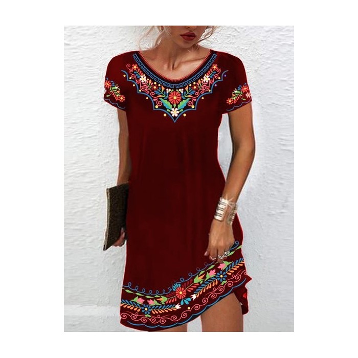 Women's Short Sleeve Summer Ethnic Jersey Dress Crew Neck Daily Going Out Casual Mini H-Line TUNIC