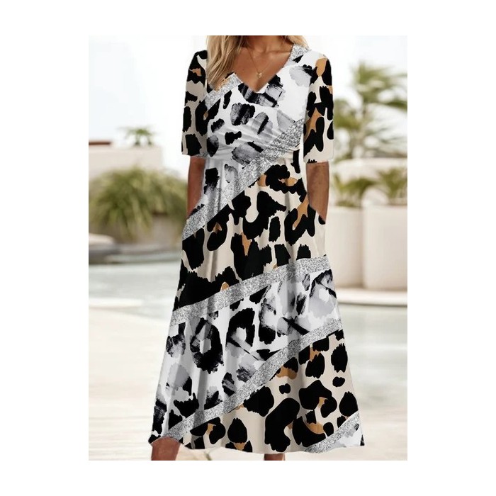 Women's Short Sleeve Summer Leopard Dress V Neck Daily Going Out Casual Maxi A-Line