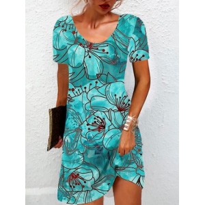 Women's Short Sleeve Summer Floral Jersey Dress Crew Neck Daily Going Out Casual Mini H-Line TUNIC