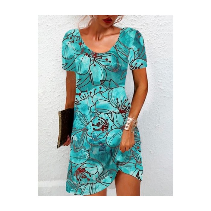 Women's Short Sleeve Summer Floral Jersey Dress Crew Neck Daily Going Out Casual Mini H-Line TUNIC