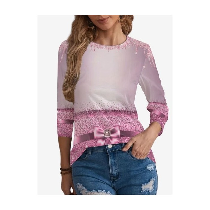 Women's Pink Bow Print Holiday Long Sleeve Crew Neck T-shirt