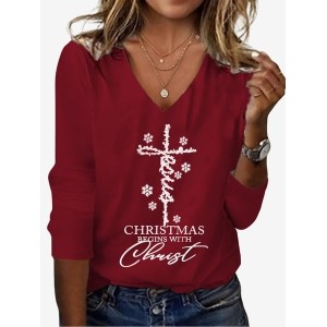 Women's Long Sleeve Tee T-shirt Spring/Fall Text Letters Jersey V Neck Daily Going Out Casual Top