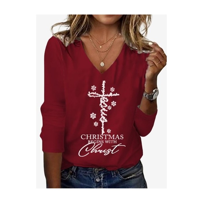 Women's Long Sleeve Tee T-shirt Spring/Fall Text Letters Jersey V Neck Daily Going Out Casual Top