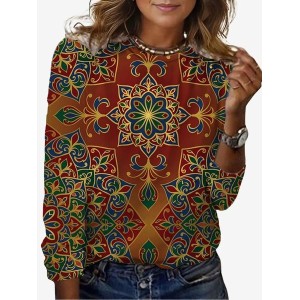 Women's Long Sleeve Tee T-shirt Spring/Fall Ethnic Jersey Crew Neck Daily Going Out Casual Top