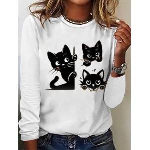 Women's Long Sleeve Tee T-shirt Spring/Fall Cat Jersey Crew Neck Daily Going Out Casual Top