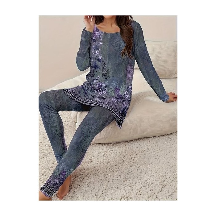 Women's Jersey Floral Daily Going Out Two Piece Set Long Sleeve Casual Spring/Fall Top With Pants Matching Set