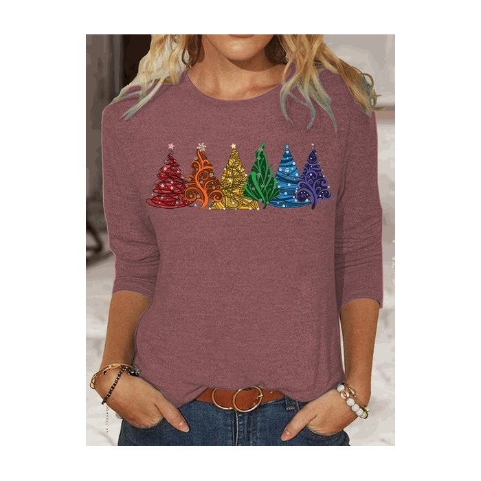 Women's Long Sleeve Tee T-shirt Spring/Fall Christmas Tree Jersey Crew Neck Daily Going Out Casual Top