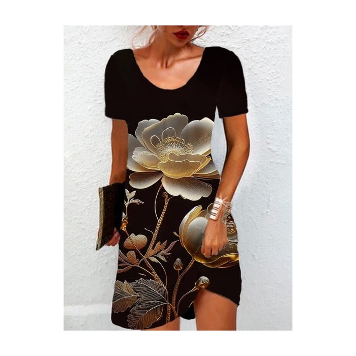 Women's Short Sleeve Summer Floral Jersey Dress Crew Neck Daily Going Out Casual Mini H-Line TUNIC