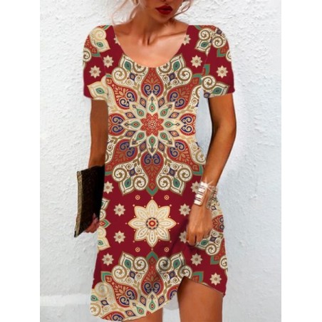 Women's Short Sleeve Summer Ethnic Jersey Dress Crew Neck Daily Going Out Casual Mini H-Line T-Shirt Dress