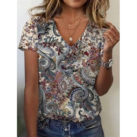 Women's Short Sleeve Tee T-shirt Summer Ethnic Jersey V Neck Holiday Going Out Casual Top