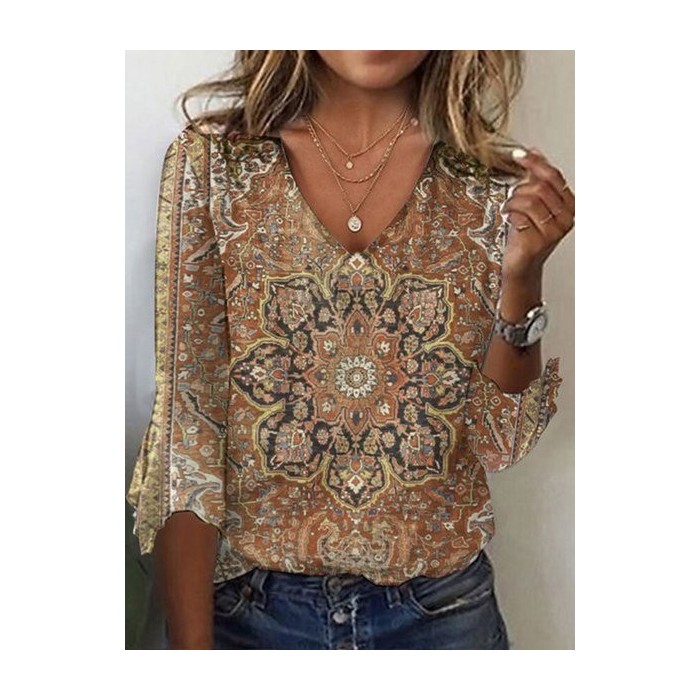 Women's Three Quarter Sleeve Tee T-shirt Spring/Fall Ethnic Jersey V Neck Daily Going Out Casual Top