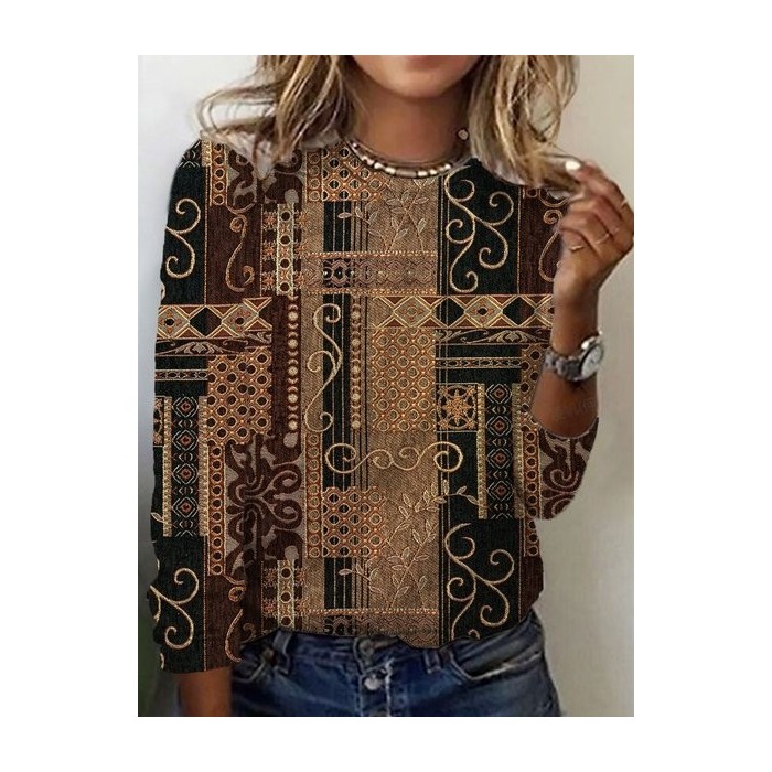 Women's Long Sleeve Tee T-shirt Spring/Fall Ethnic Jersey Crew Neck Daily Going Out Casual Top