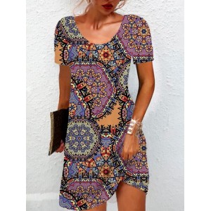 Women's Short Sleeve Summer Ethnic Jersey Dress Crew Neck Daily Going Out Casual Mini H-Line T-Shirt Dress