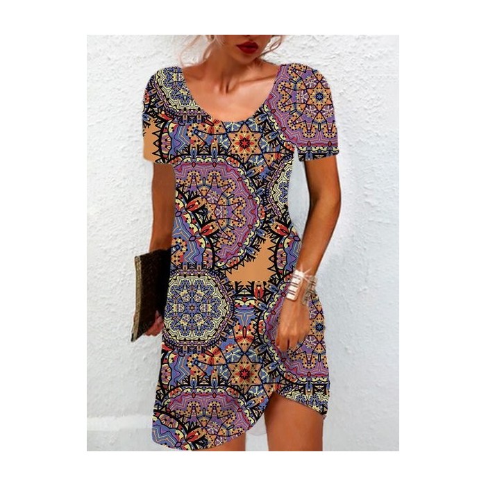 Women's Short Sleeve Summer Ethnic Jersey Dress Crew Neck Daily Going Out Casual Mini H-Line T-Shirt Dress