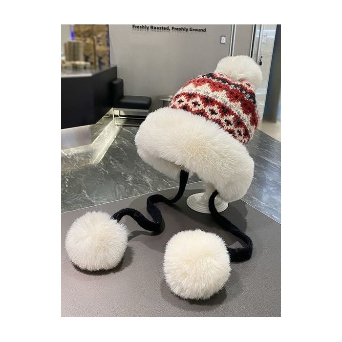 Winter Knitted Thickened Fleece-lined Neck Protector Warm Jacquard Pattern Versatile Casual Ear-covering Hat