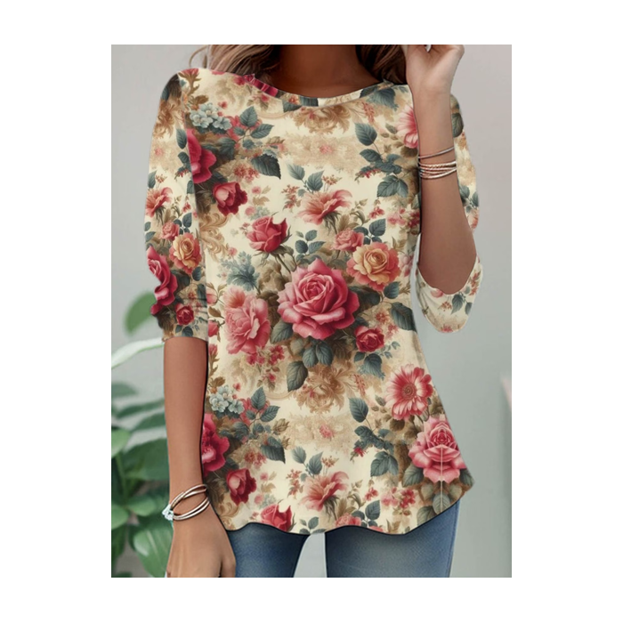 Women Floral Long Sleeve Tee T-shirt Crew Neck Printing Casual Tunic Spring/Fall Top