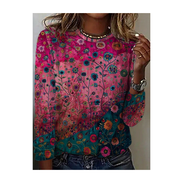 Women Floral Long Sleeve Tee T-shirt Crew Neck Printing Casual Graphic Tee Spring/Fall Top