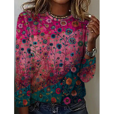 Women Floral Long Sleeve Tee T-shirt Crew Neck Printing Casual Graphic Tee Spring/Fall Top
