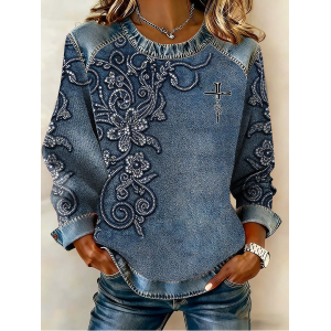 Women Cross Crew Neck Printing Vintage Spring/Fall Long Sleeve Sweatshirt