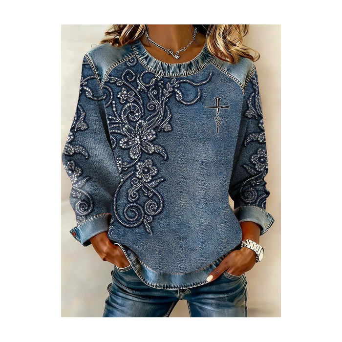 Women Cross Crew Neck Printing Vintage Spring/Fall Long Sleeve Sweatshirt