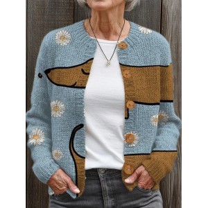 Women Animal Picture Buttons Long Sleeve Crew Neck Vintage Spring/Fall Cardigan Outerwear