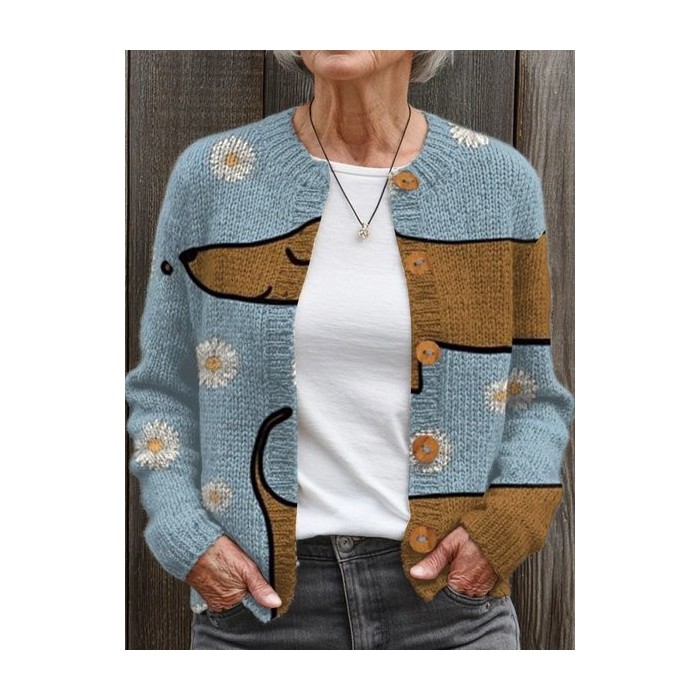 Women Animal Picture Buttons Long Sleeve Crew Neck Vintage Spring/Fall Cardigan Outerwear