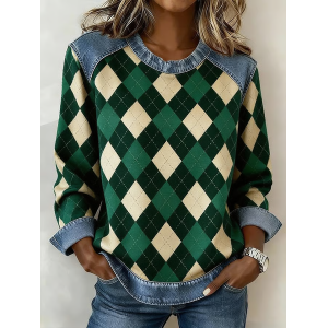 Women Plaid Crew Neck Printing Vintage Spring/Fall Long Sleeve Sweatshirt
