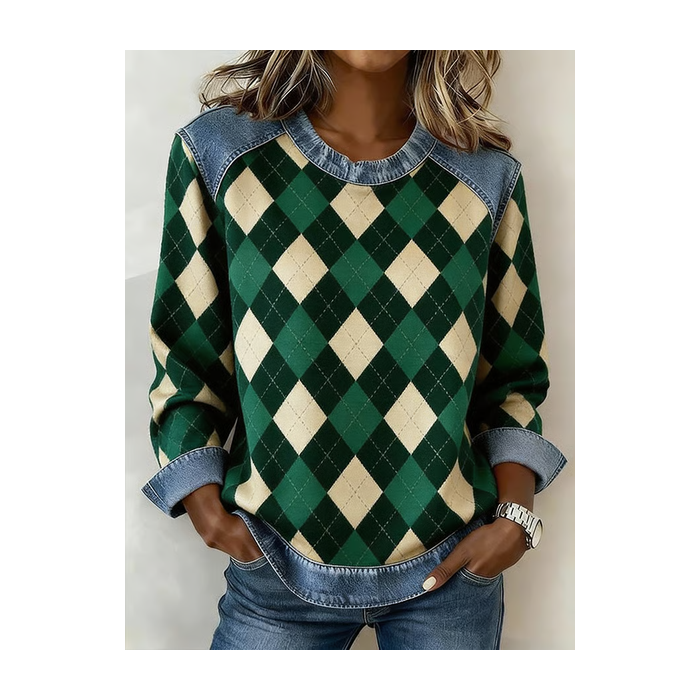 Women Plaid Crew Neck Printing Vintage Spring/Fall Long Sleeve Sweatshirt