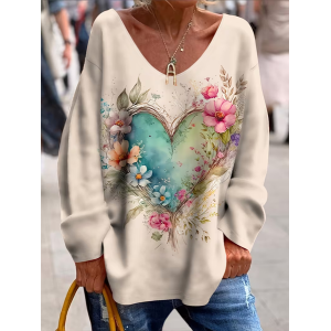 Women Floral Long Sleeve Tee T-shirt V Neck Printing Casual Spring/Fall Top