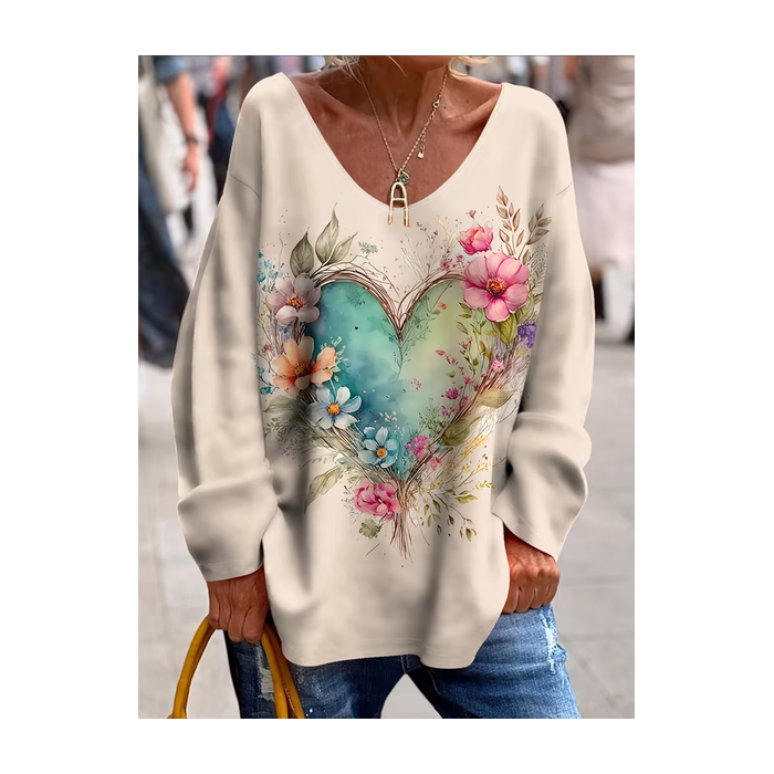Women Floral Long Sleeve Tee T-shirt V Neck Printing Casual Spring/Fall Top
