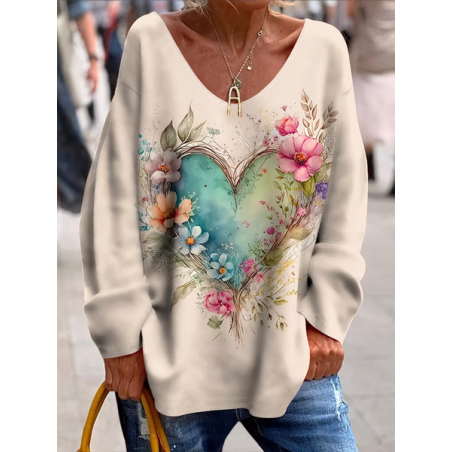 Women Floral Long Sleeve Tee T-shirt V Neck Printing Casual Spring/Fall Top