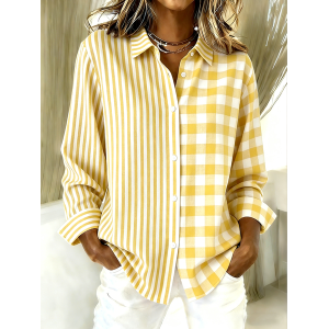 Women Striped Shirt Collar Long Sleeve Shirt Vintage Holiday Spring/Fall Top