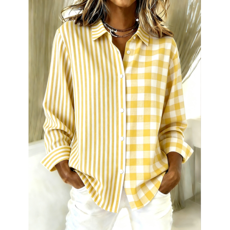 Women Striped Shirt Collar Long Sleeve Shirt Vintage Holiday Spring/Fall Top