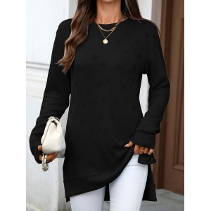 Women Plain Long Sleeve Tee T-shirt Crew Neck Jacquard Casual Spring/Fall Top