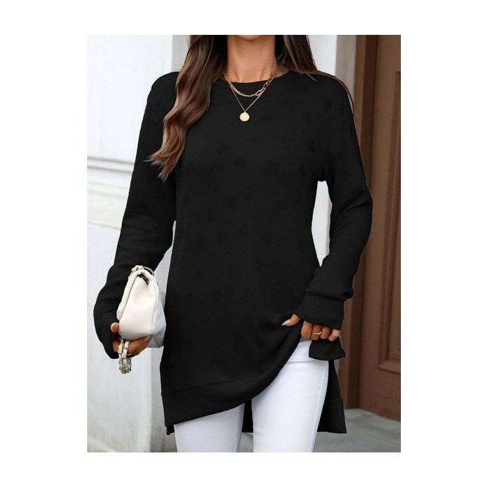 Women Plain Long Sleeve Tee T-shirt Crew Neck Jacquard Casual Spring/Fall Top