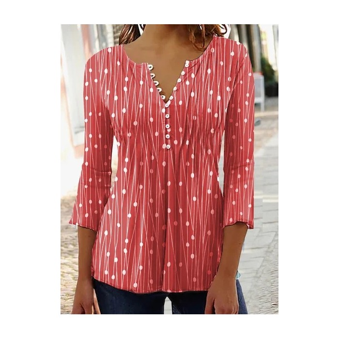 Women Geometric V Neck Three Quarter Sleeve Blouse Casual Daily Spring/Fall Top