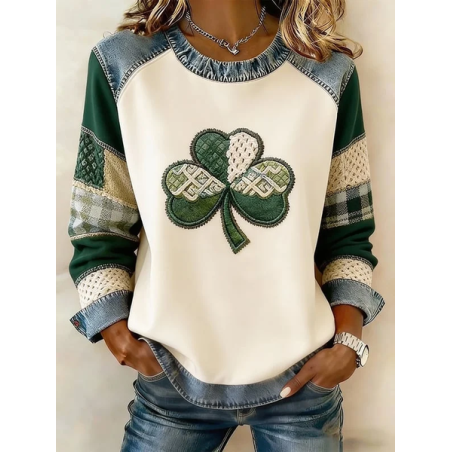 Women Shamrock Crew Neck Printing Vintage Spring/Fall Long Sleeve Sweatshirt