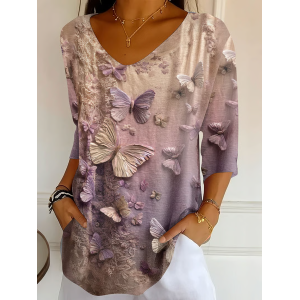 Women Butterfly Three Quarter Sleeve Tee T-shirt V Neck Printing Casual Graphic Tee Spring/Fall Top