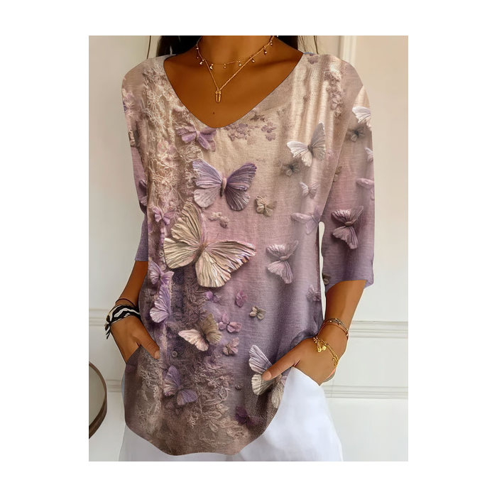 Women Butterfly Three Quarter Sleeve Tee T-shirt V Neck Printing Casual Graphic Tee Spring/Fall Top