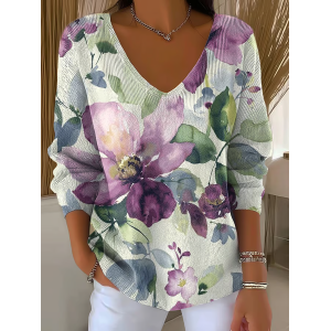 Women Floral Long Sleeve Tee T-shirt V Neck Printing Casual Spring/Fall Top