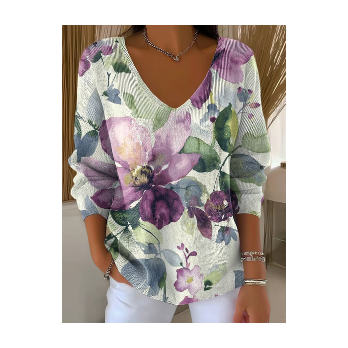 Women Floral Long Sleeve Tee T-shirt V Neck Printing Casual Spring/Fall Top