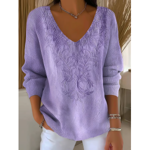 Women Abstract Long Sleeve Tee T-shirt V Neck Printing Casual Spring/Fall Top