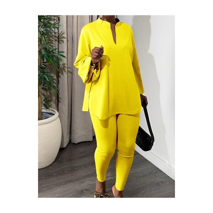 Women Plain Split Joint Balloon Sleeve Two-Piece Set Daily Long Sleeve Casual Spring/Fall Top With Pants Matching Set