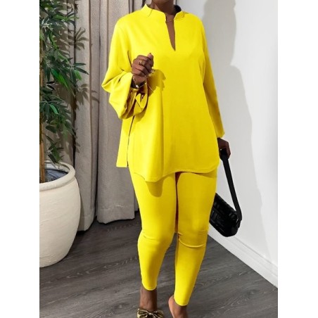 Women Plain Split Joint Balloon Sleeve Two-Piece Set Daily Long Sleeve Casual Spring/Fall Top With Pants Matching Set