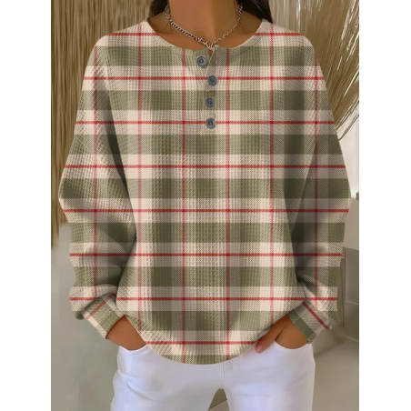 Women Plaid Crew Neck Printing Casual Spring/Fall Long Sleeve Sweatshirt