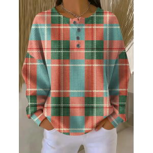 Women Plaid Crew Neck Printing Casual Spring/Fall Long Sleeve Sweatshirt