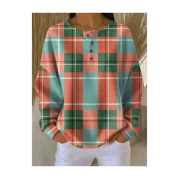 Women Plaid Crew Neck Printing Casual Spring/Fall Long Sleeve Sweatshirt